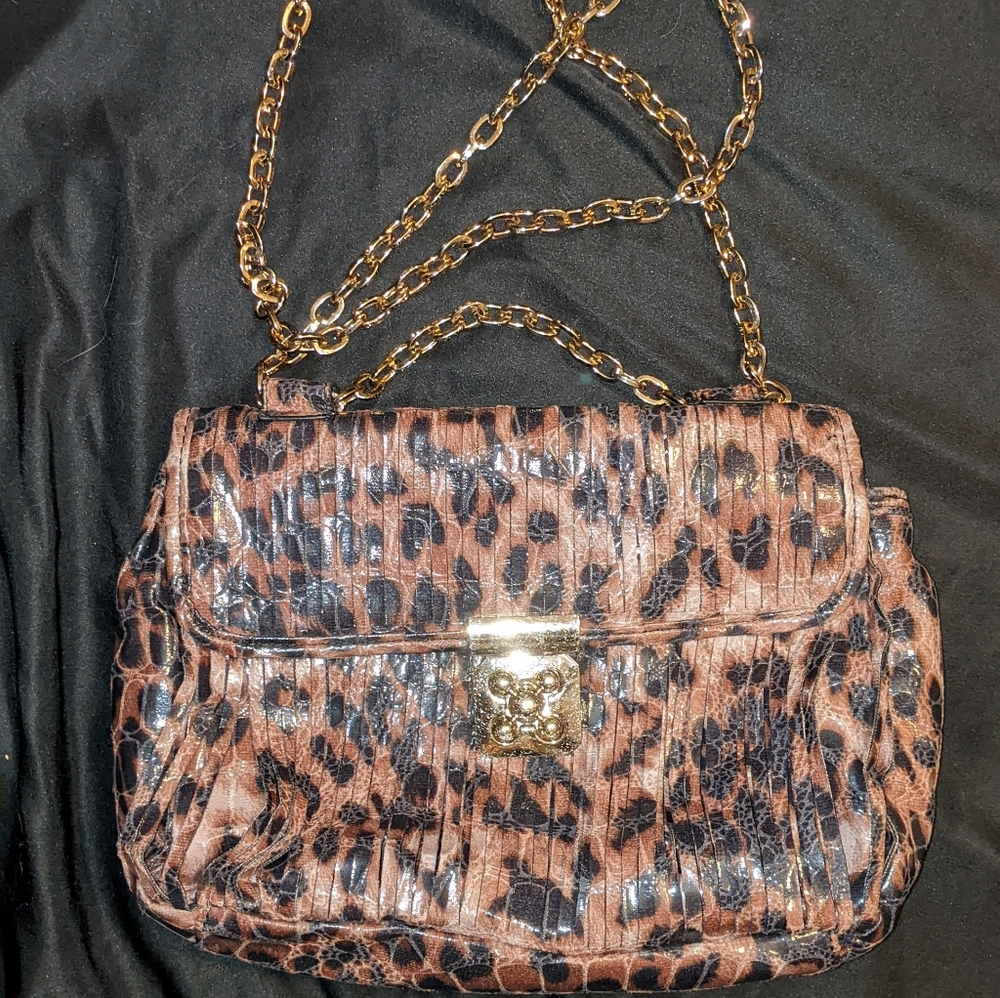 CHICOS Metallic Gorgeous Leopard Print Purse Gold Metal Chain